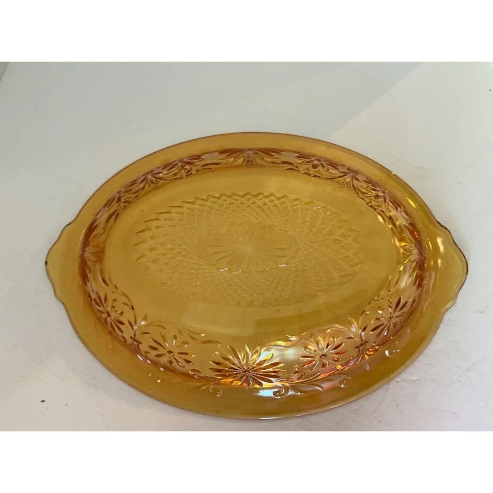 Tiara Vintage Amber  Glass Oval Serving Bowl Floral Pattern Sunburst Gold